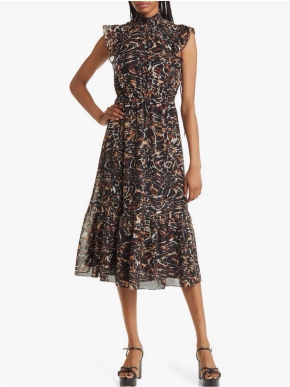 NWT Steve Madden Anna Animal Print Chiffon High-Neck Printed Midi Dress Large